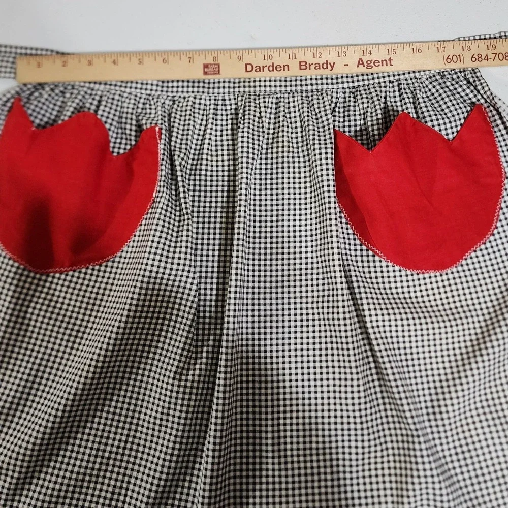 Vintage Handmade Gingham Half Apron Black White Red Tulip Pockets Cottagecore